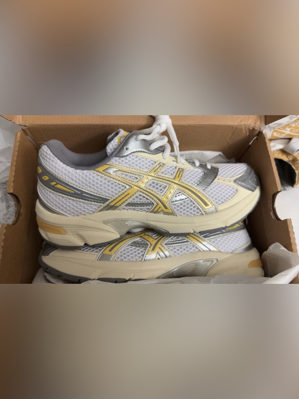 Asics White Mesh Running Sneakers with Yellow & Silver Accents